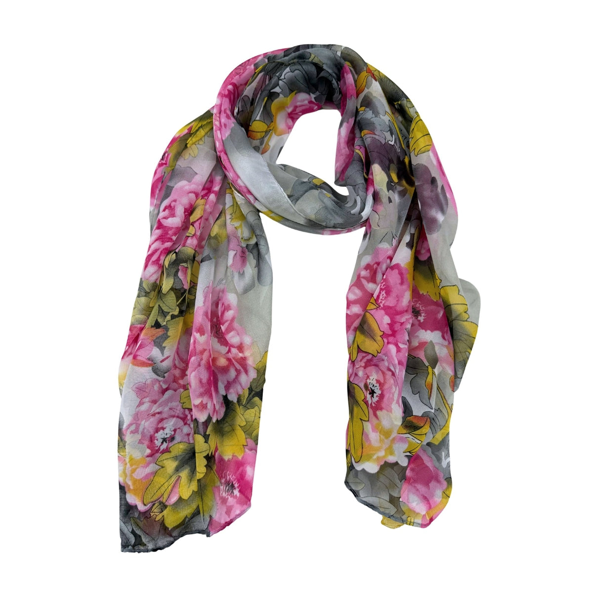Jacaru 1695 Chiffon Scarf - Yellow, Pink & Grey Flowers (Lightweight Floral Scarf)