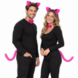3pcs Cat Ear Headband w Bow Tail Animal Costume Halloween Party in Pink/Black