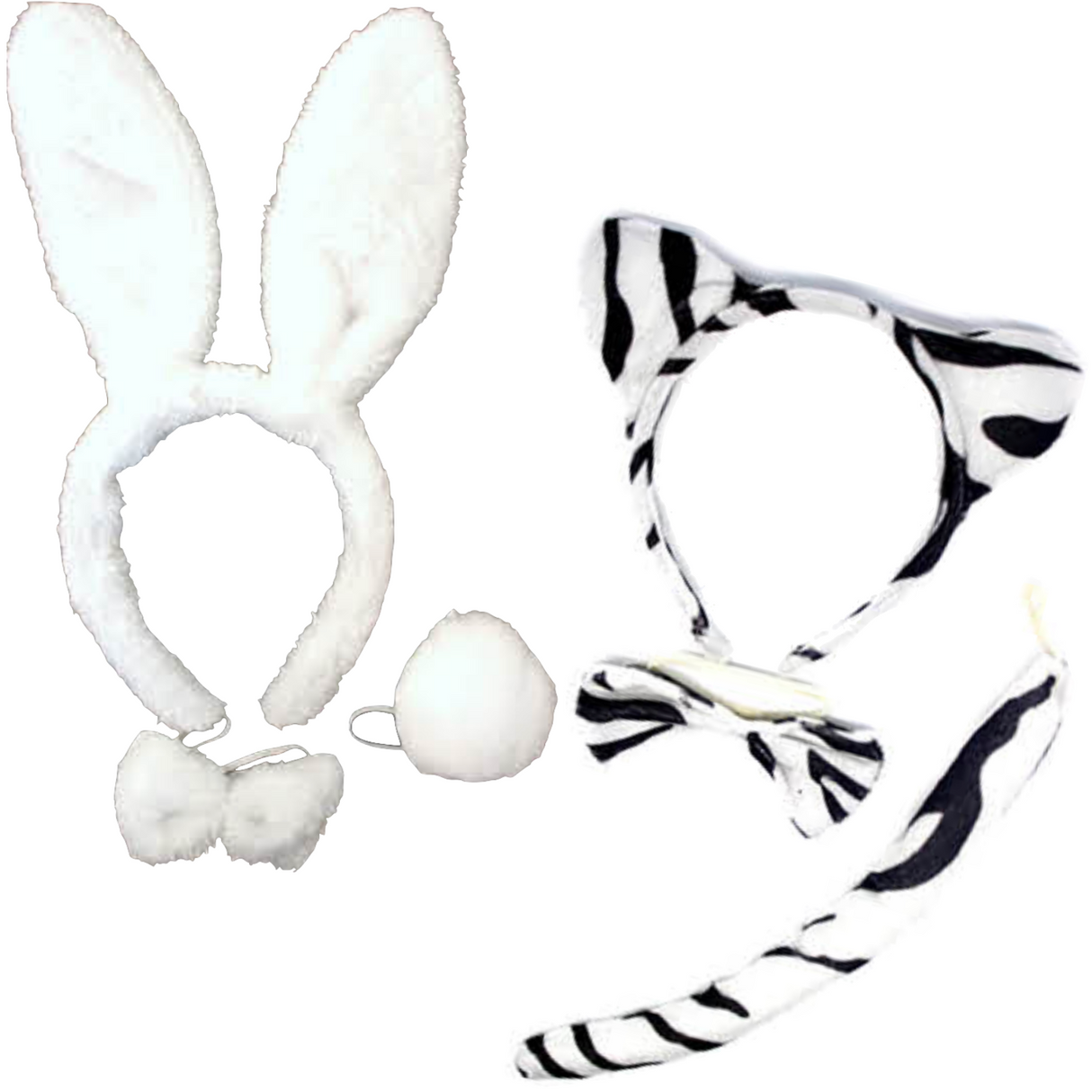 2pc Rabbit + Zebra Animal Headband Set w/ Bow & Tail (Halloween & Fancy Dress)