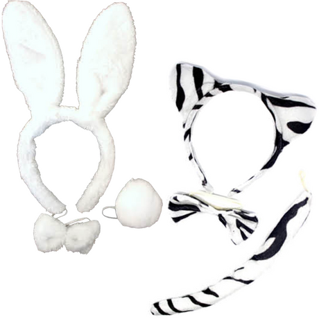 2pc Rabbit + Zebra Animal Headband Set w/ Bow & Tail (Halloween & Fancy Dress)