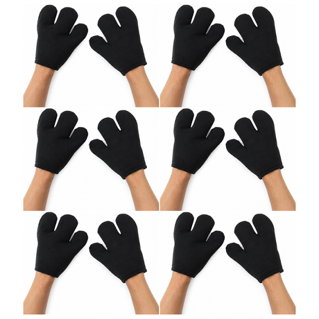 6x Jumbo 3-Finger Cartoon Costume Gloves Bulk Pack - Black (Plush Mascot Dress Up Mitts Pair)
