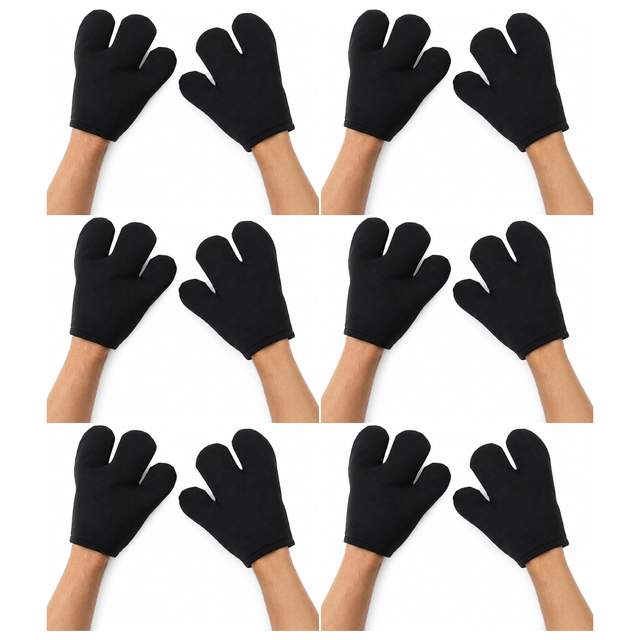 6x Jumbo 3-Finger Cartoon Costume Gloves Bulk Pack - Black (Plush Mascot Dress Up Mitts Pair)