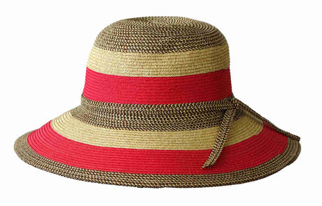 Jacaru 1752 Striped Wide Brim Summer Hat - Adjustable (One Size Vegan Friendly) - Red