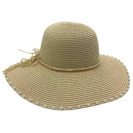 Jacaru 1763 Round Pearls Paper Straw Hat - Pearl & Ribbon Detail (One Size Vegan Friendly) - Natural