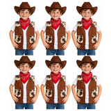 6x Boys Cowboy Vest and Bandana Party Costume Set Bulk Pack - Brown (4-6 Years Old)