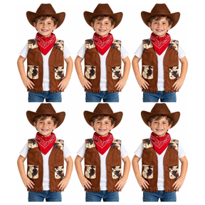 6x Boys Cowboy Vest and Bandana Party Costume Set Bulk Pack - Brown (4-6 Years Old)
