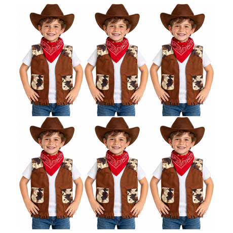 6x Boys Cowboy Vest and Bandana Party Costume Set Bulk Pack - Brown (4-6 Years Old)