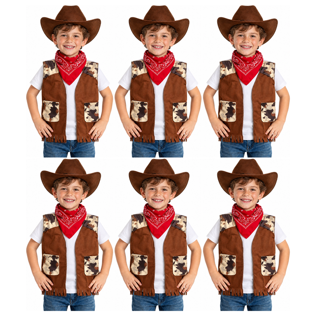 6x Boys Cowboy Vest and Bandana Party Costume Set Bulk Pack - Brown (4-6 Years Old)