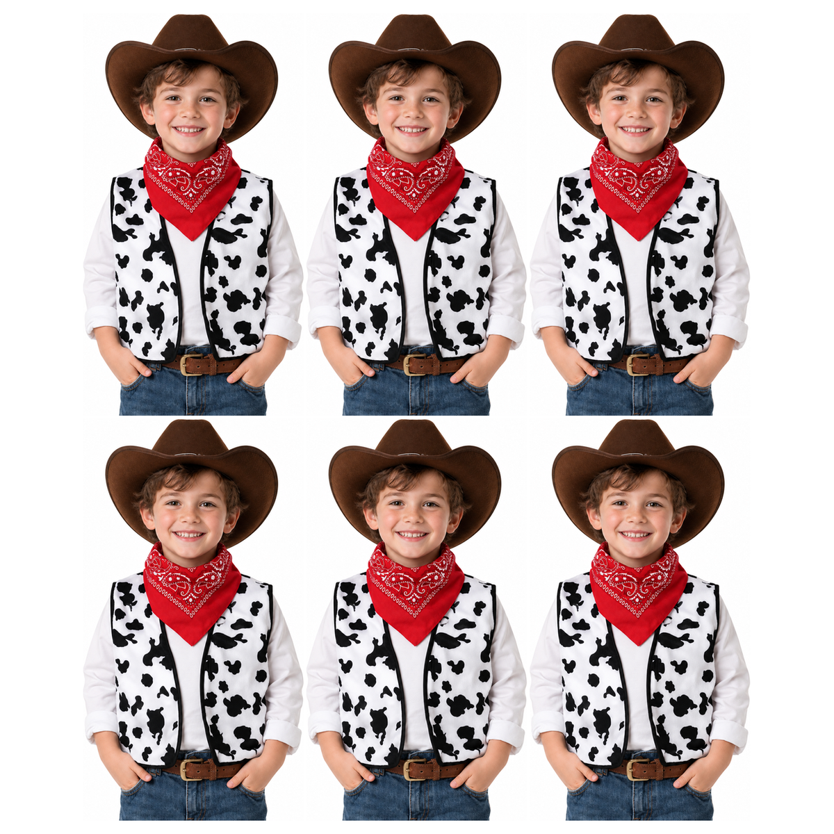 6x Boys Cowboy Vest and Bandana Party Costume Set Bulk Pack - Black/White Cow Print (4-6 Years Old)