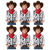 6x Boys Cowboy Vest and Bandana Party Costume Set Bulk Pack - Black/White Cow Print (4-6 Years Old)