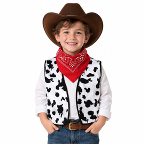 Boys Cowboy Vest and Bandana Party Costume Set - Black/White Cow Print (4-6 Years Old)