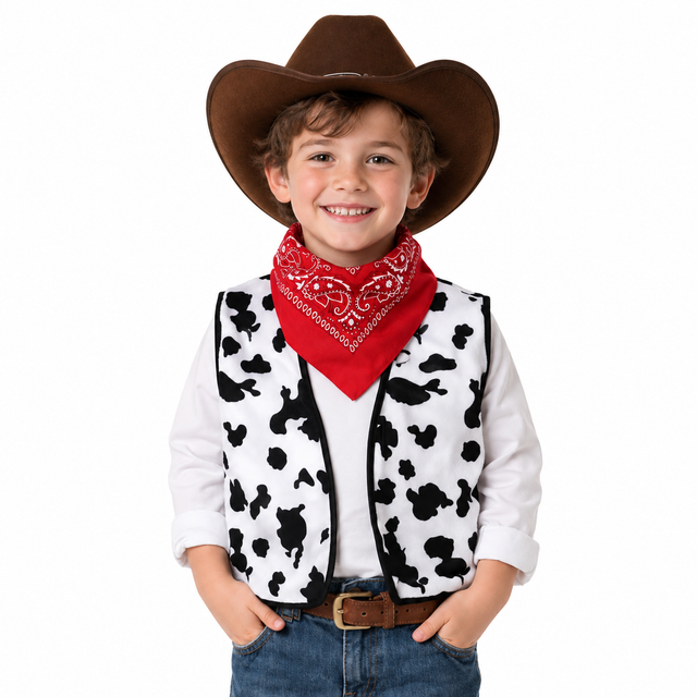 Boys Cowboy Vest and Bandana Party Costume Set - Black/White Cow Print (4-6 Years Old)