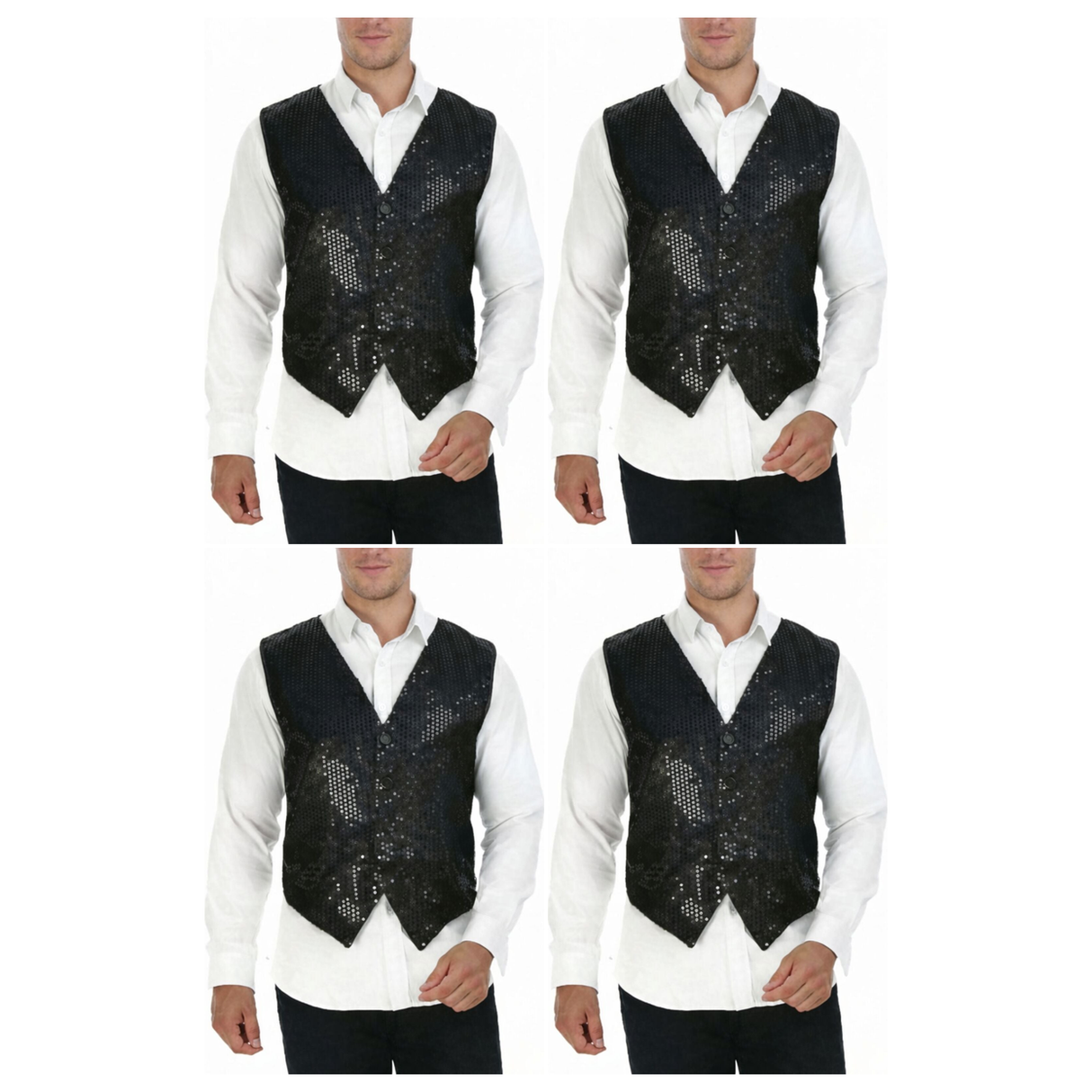 4x Mens Premium Black Sequin Vest Bulk Pack - Disco Sparkle 70s Dance Costume (Fancy Dress)