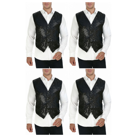 4x Mens Premium Black Sequin Vest Bulk Pack - Disco Sparkle 70s Dance Costume (Fancy Dress)