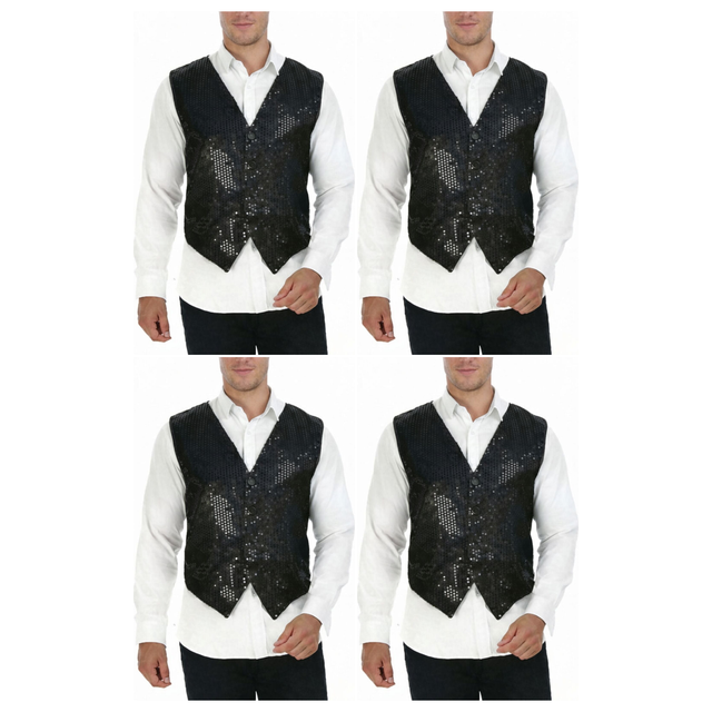 4x Mens Premium Black Sequin Vest Bulk Pack - Disco Sparkle 70s Dance Costume (Fancy Dress)