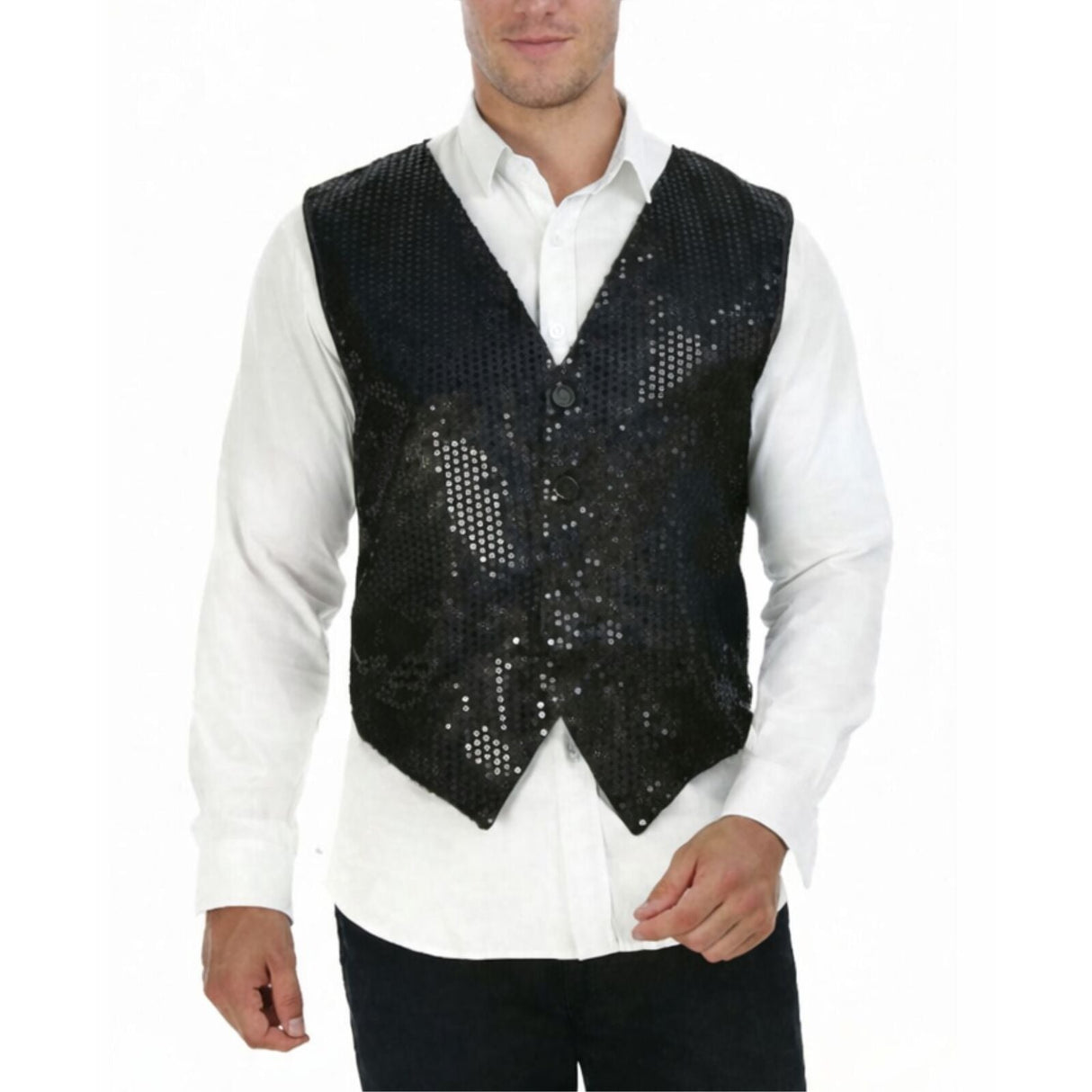 Mens Premium Black Sequin Vest - Disco Sparkle 70s Dance Costume (Fancy Dress)