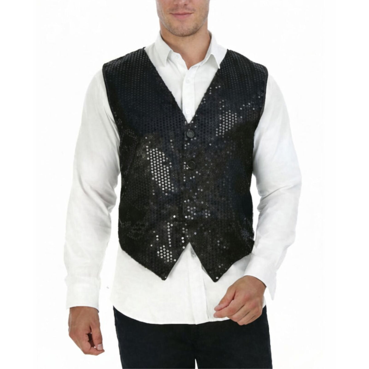 Mens Premium Black Sequin Vest - Disco Sparkle 70s Dance Costume (Fancy Dress)