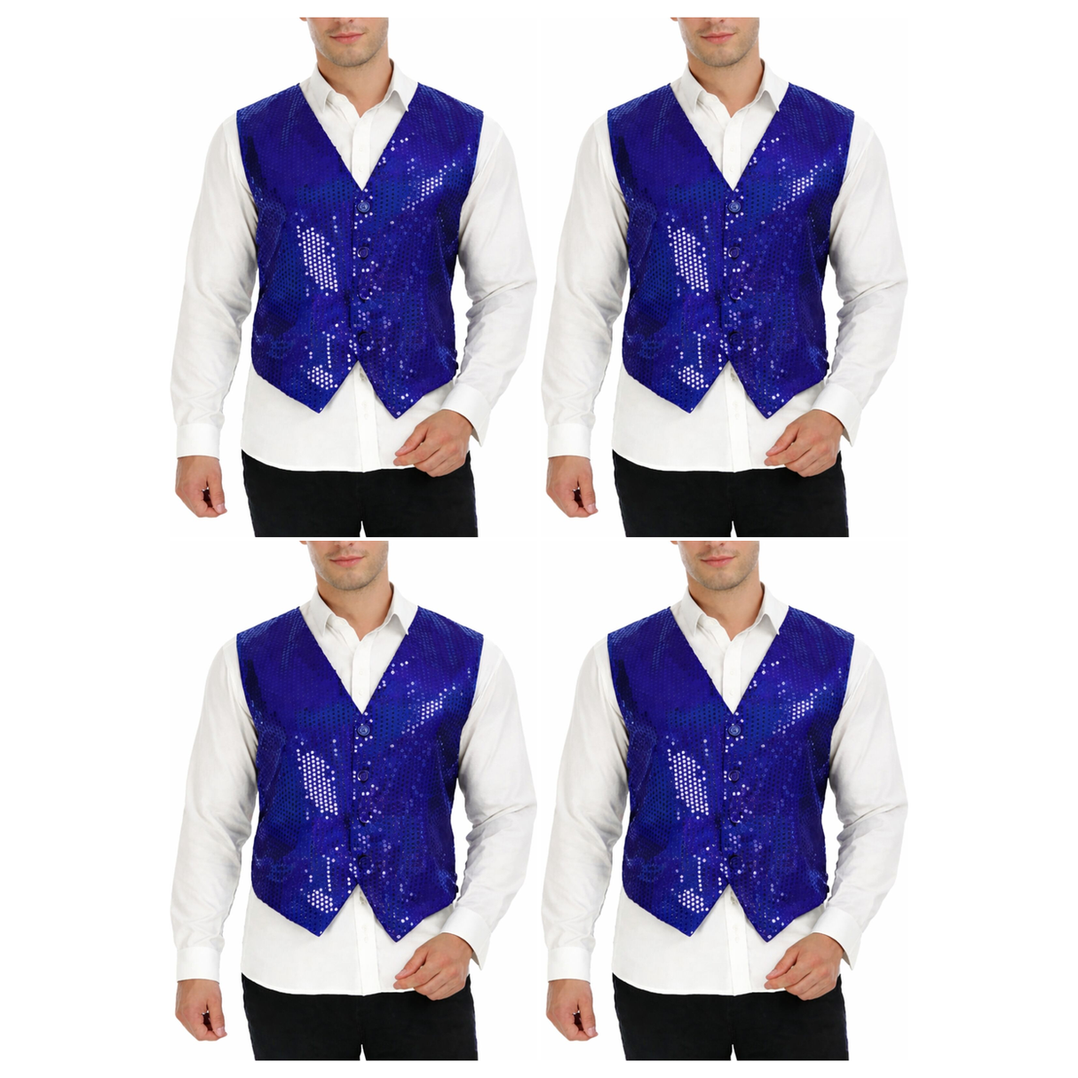 4x Mens Premium Blue Sequin Vest Bulk Pack - Disco Sparkle 70s Dance Costume (Fancy Dress)