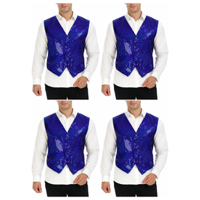 4x Mens Premium Blue Sequin Vest Bulk Pack - Disco Sparkle 70s Dance Costume (Fancy Dress)