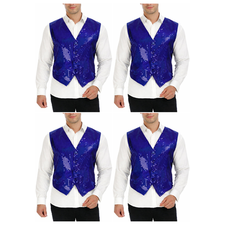 4x Mens Premium Blue Sequin Vest Bulk Pack - Disco Sparkle 70s Dance Costume (Fancy Dress)