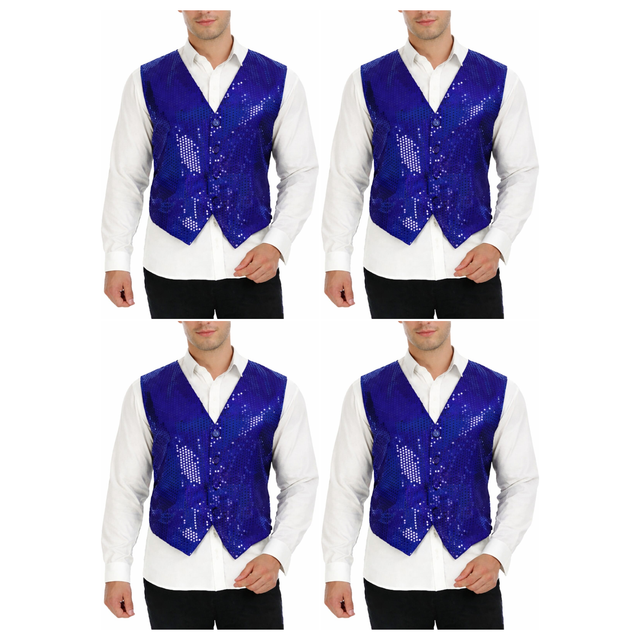 4x Mens Premium Blue Sequin Vest Bulk Pack - Disco Sparkle 70s Dance Costume (Fancy Dress)