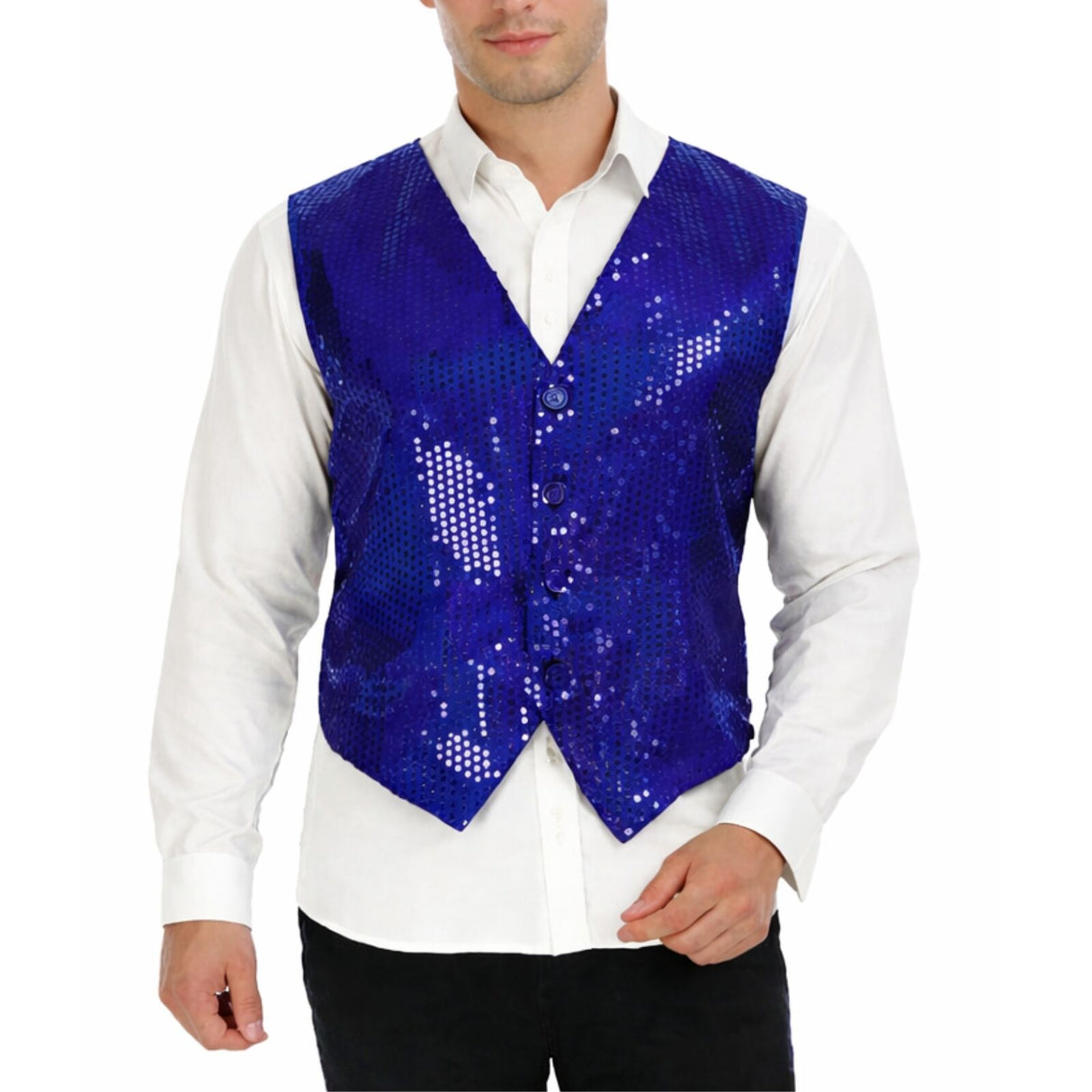 Mens Premium Blue Sequin Vest - Disco Sparkle 70s Dance Costume (Fancy Dress)