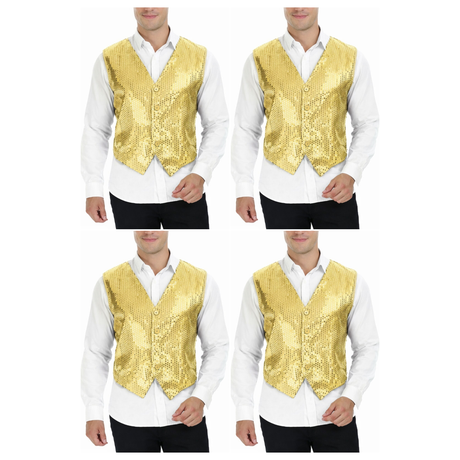 4x Mens Premium Gold Sequin Vest Bulk Pack - Disco Sparkle 70s Dance Costume (Fancy Dress)