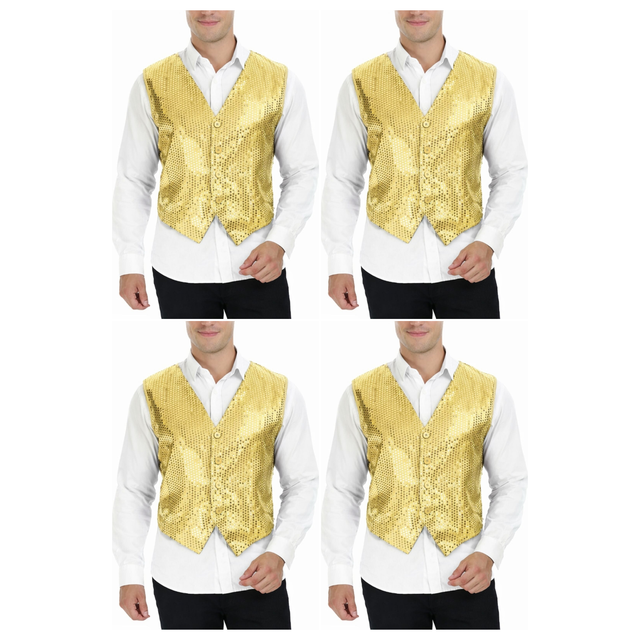 4x Mens Premium Gold Sequin Vest Bulk Pack - Disco Sparkle 70s Dance Costume (Fancy Dress)