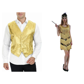 Gold Sequin Vest & Flapper Couples Costume Set - His & Hers 1920s Halloween Fancy Dress