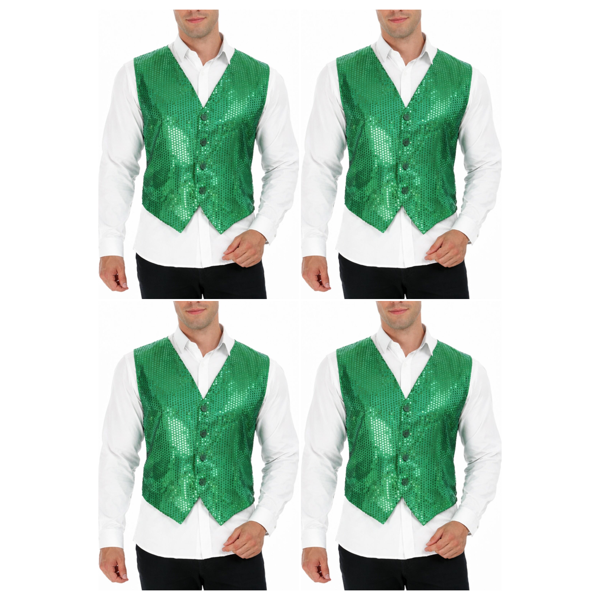 4x Mens Premium Green Sequin Vest Bulk Pack - Disco Sparkle 70s Dance Costume (Fancy Dress)