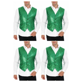 4x Mens Premium Green Sequin Vest Bulk Pack - Disco Sparkle 70s Dance Costume (Fancy Dress)