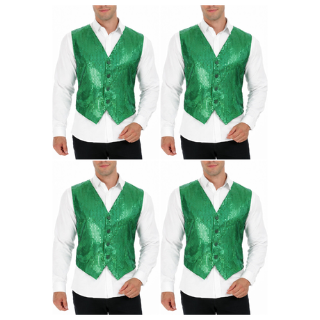 4x Mens Premium Green Sequin Vest Bulk Pack - Disco Sparkle 70s Dance Costume (Fancy Dress)