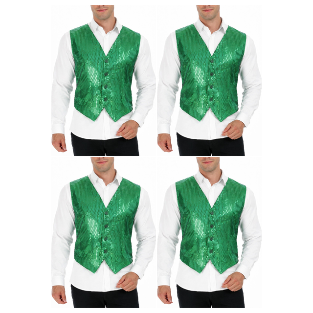 4x Mens Premium Green Sequin Vest Bulk Pack - Disco Sparkle 70s Dance Costume (Fancy Dress)