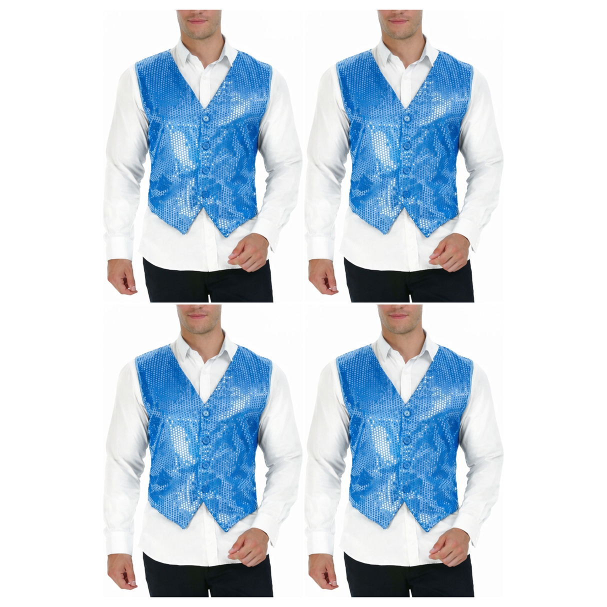 4x Mens Premium Light Blue Sequin Vest Bulk Pack - Disco Sparkle 70s Dance Costume (Fancy Dress)
