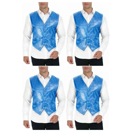 4x Mens Premium Light Blue Sequin Vest Bulk Pack - Disco Sparkle 70s Dance Costume (Fancy Dress)
