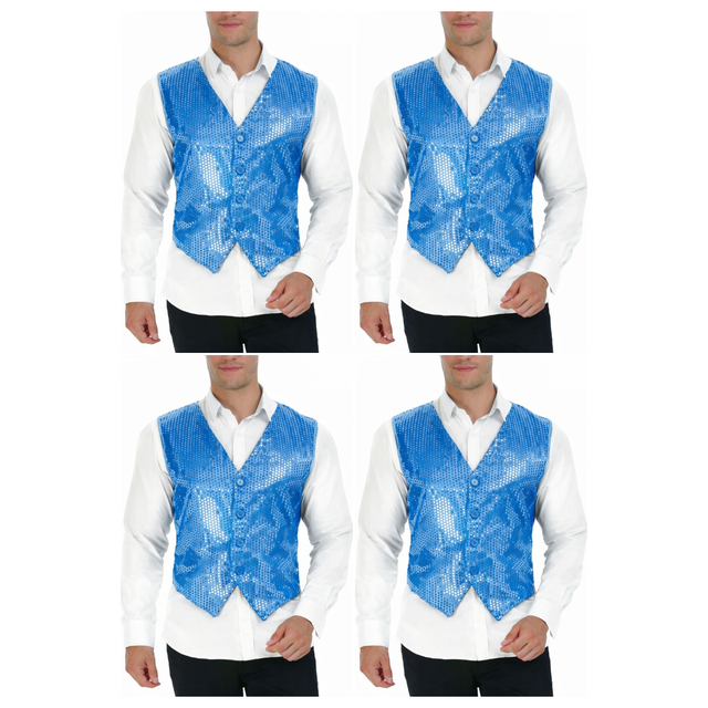 4x Mens Premium Light Blue Sequin Vest Bulk Pack - Disco Sparkle 70s Dance Costume (Fancy Dress)