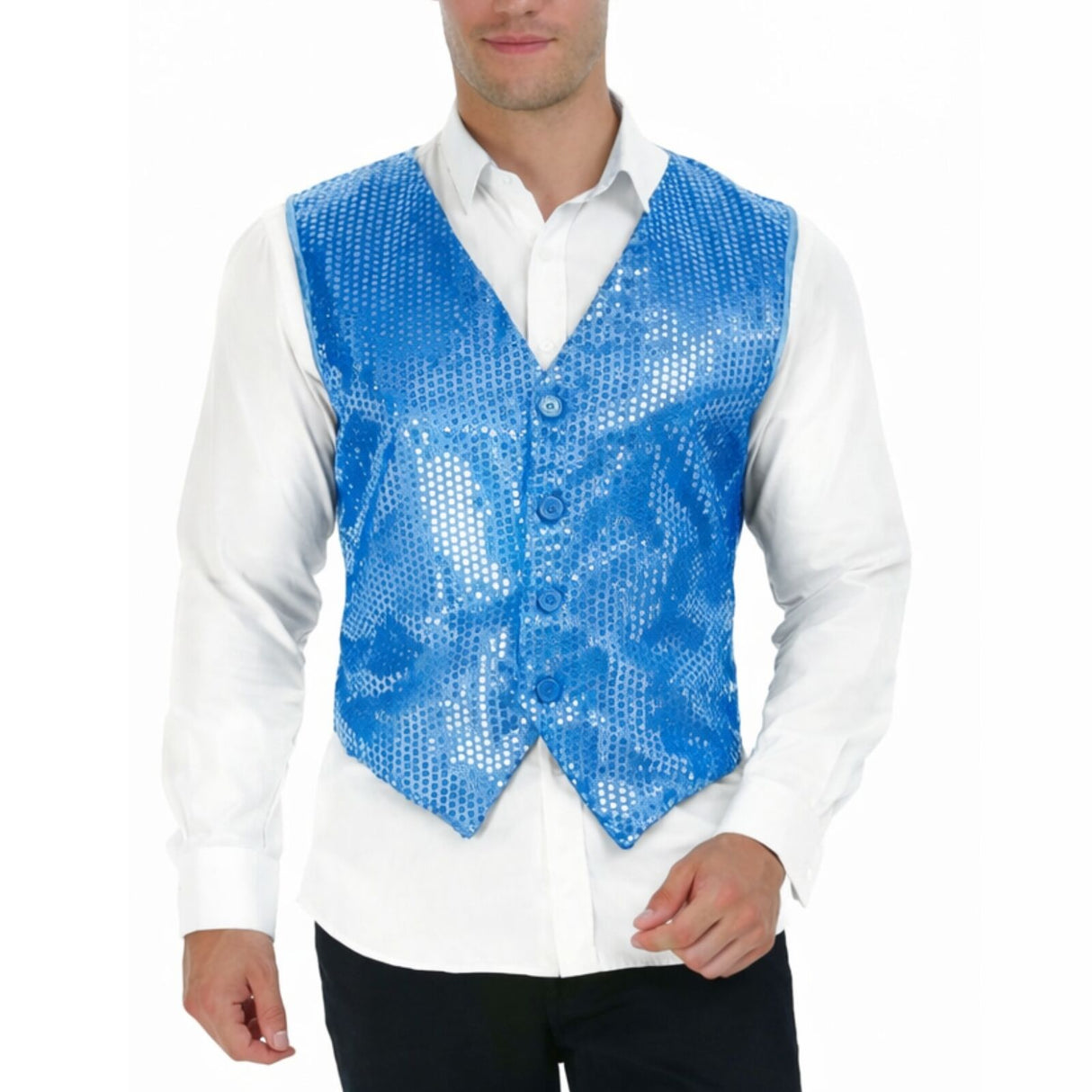 Mens Premium Light Blue Sequin Vest - Disco Sparkle 70s Dance Costume (Fancy Dress)