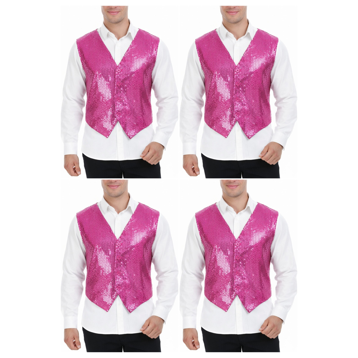 4x Mens Premium Pink Sequin Vest Bulk Pack - Disco Sparkle 70s Dance Costume (Fancy Dress)
