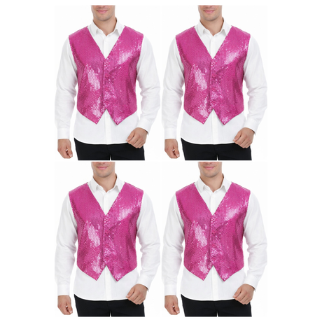 4x Mens Premium Pink Sequin Vest Bulk Pack - Disco Sparkle 70s Dance Costume (Fancy Dress)