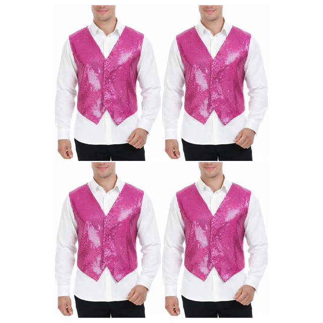 4x Mens Premium Pink Sequin Vest Bulk Pack - Disco Sparkle 70s Dance Costume (Fancy Dress)