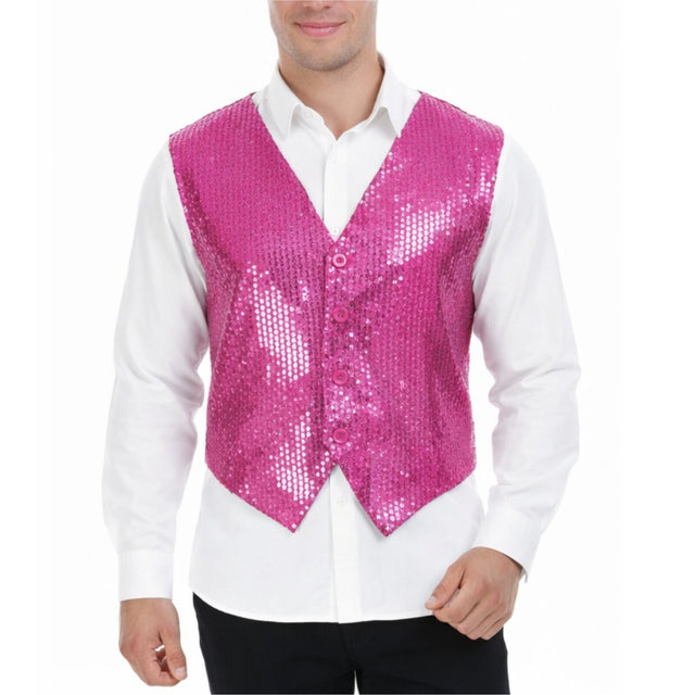 Mens Premium Pink Sequin Vest - Disco Sparkle 70s Dance Costume (Fancy Dress)