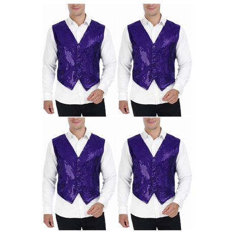 4x Mens Premium Purple Sequin Vest Bulk Pack - Disco Sparkle 70s Dance Costume (Fancy Dress)