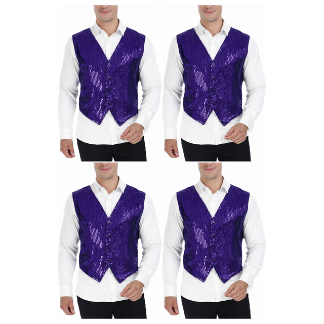 4x Mens Premium Purple Sequin Vest Bulk Pack - Disco Sparkle 70s Dance Costume (Fancy Dress)