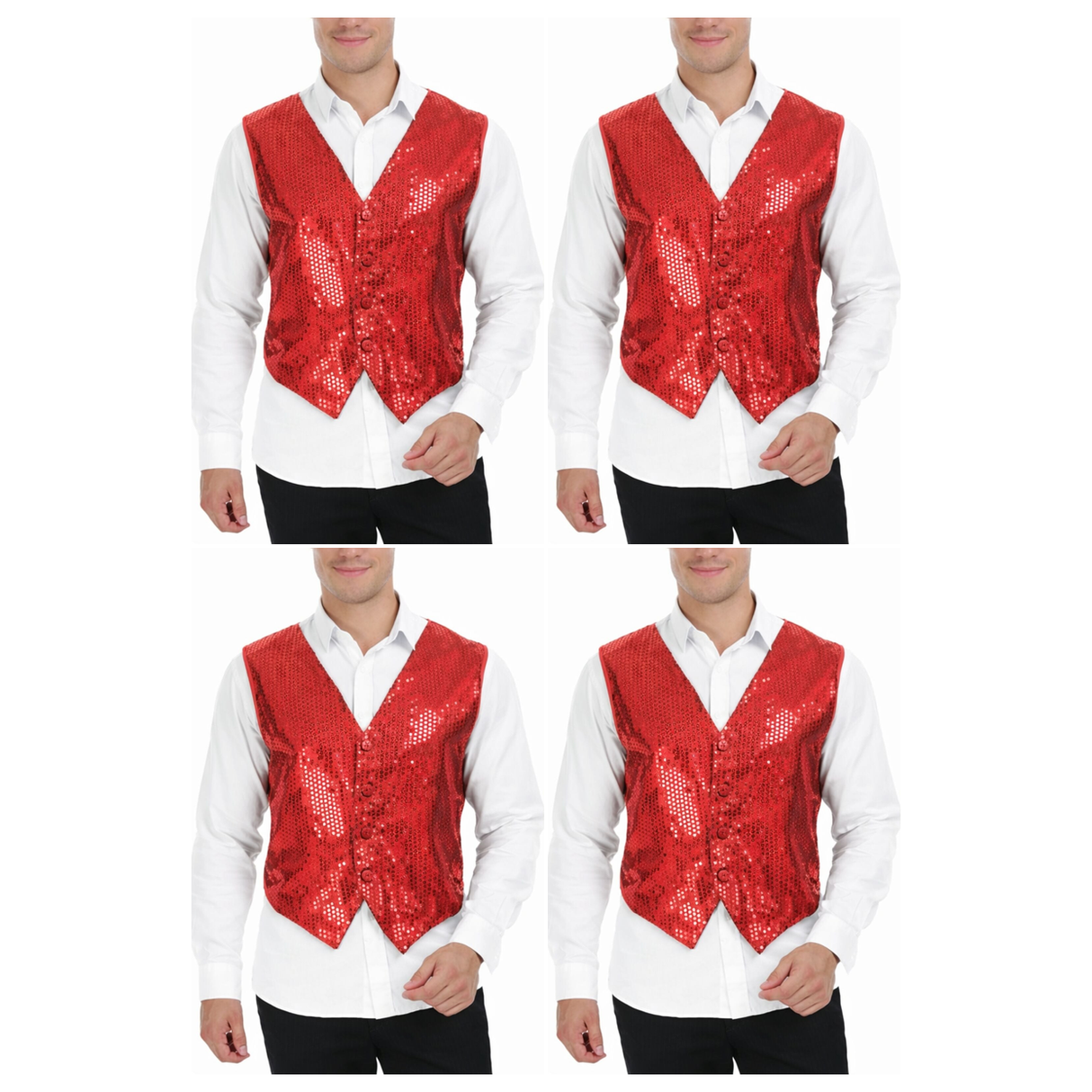 4x Mens Premium Red Sequin Vest Bulk Pack - Disco Sparkle 70s Dance Costume (Fancy Dress)