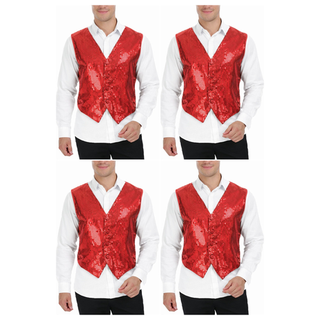 4x Mens Premium Red Sequin Vest Bulk Pack - Disco Sparkle 70s Dance Costume (Fancy Dress)
