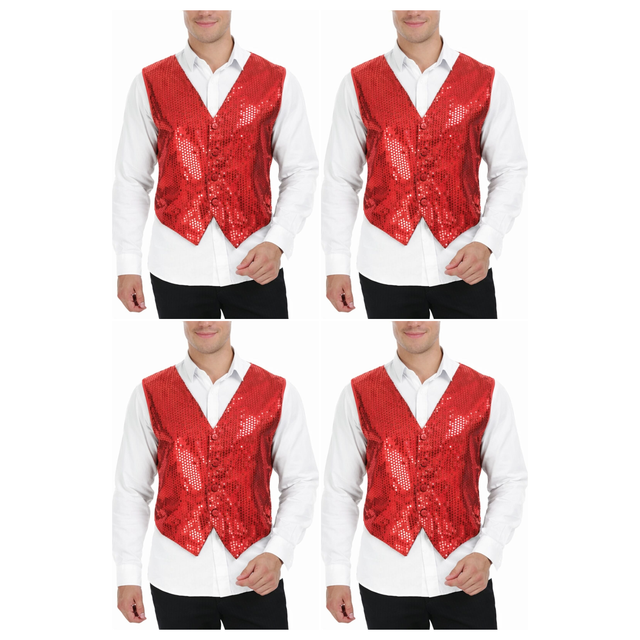 4x Mens Premium Red Sequin Vest Bulk Pack - Disco Sparkle 70s Dance Costume (Fancy Dress)