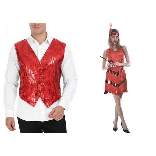 Red Sequin Vest & Flapper Couples Costume Set - His & Hers 1920s Halloween Fancy Dress