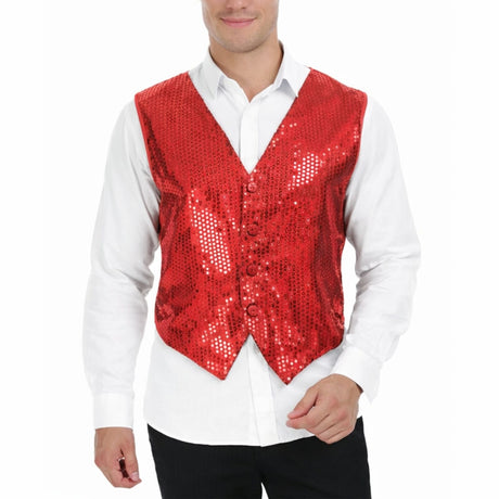 Mens Premium Red Sequin Vest - Disco Sparkle 70s Dance Costume (Fancy Dress)