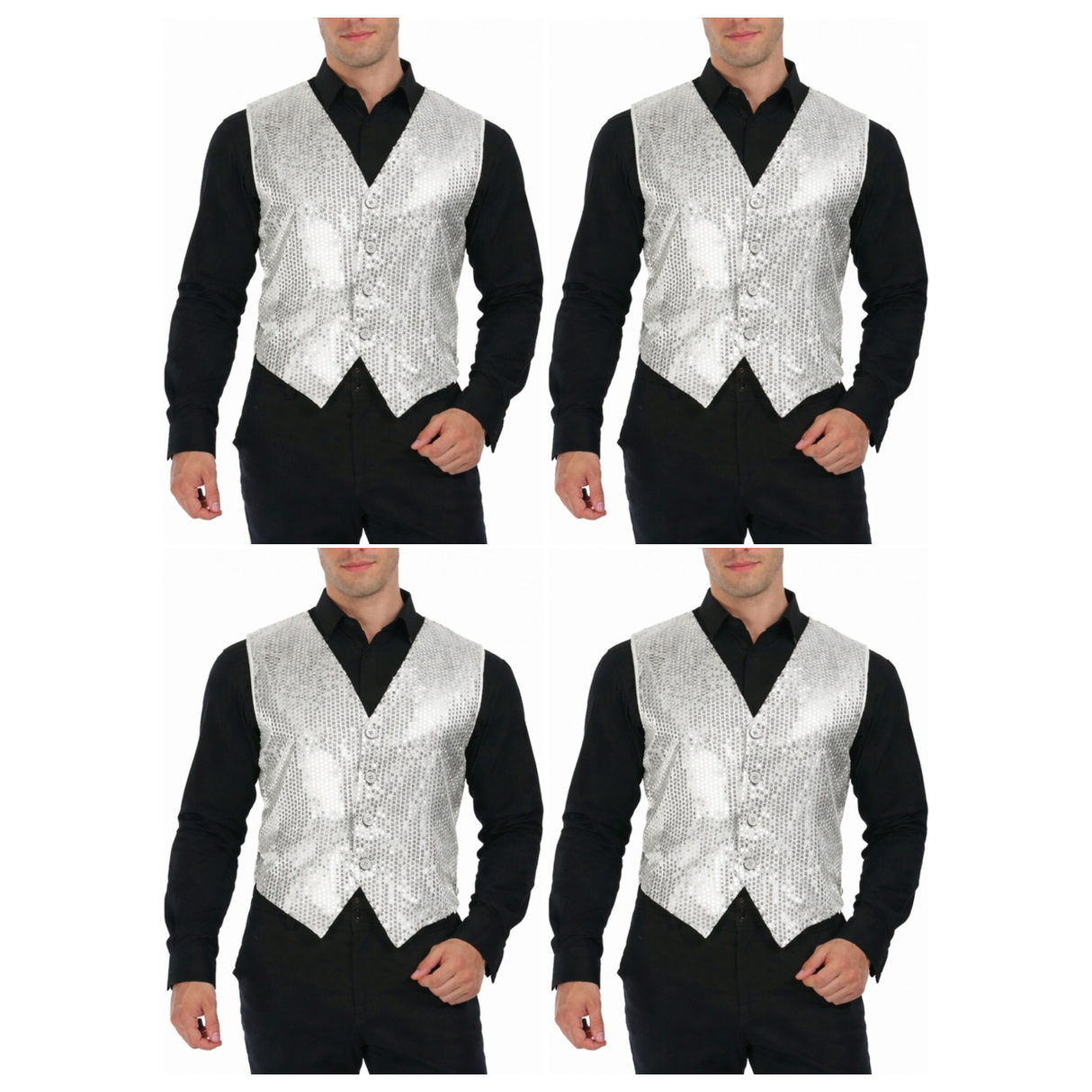 4x Mens Premium Silver Sequin Vest Bulk Pack - Disco Sparkle 70s Dance Costume (Fancy Dress)