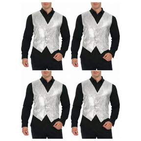 4x Mens Premium Silver Sequin Vest Bulk Pack - Disco Sparkle 70s Dance Costume (Fancy Dress)